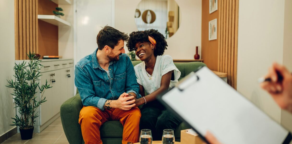 Diverse couple on a therapy session in a psychologist office